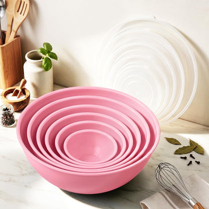 BoxedHome BPA Free Plastic Round Mixing Bowl with Lids, 12 Pack Nesting Bowls with Lids Set, Microwave and Dishwasher Safe Prep & Serving Bowls Great for Mixing, Baking, Serving (White, 12pcs)