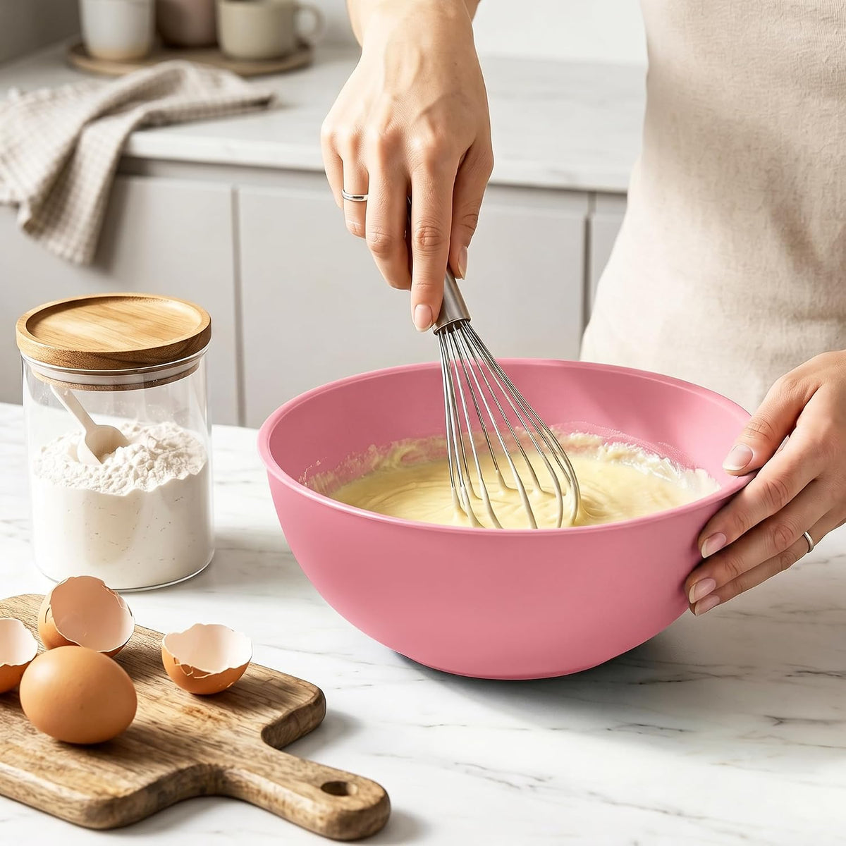 BoxedHome BPA Free Plastic Round Mixing Bowl with Lids, 12 Pack Nesting Bowls with Lids Set, Microwave and Dishwasher Safe Prep & Serving Bowls Great for Mixing, Baking, Serving (White, 12pcs)