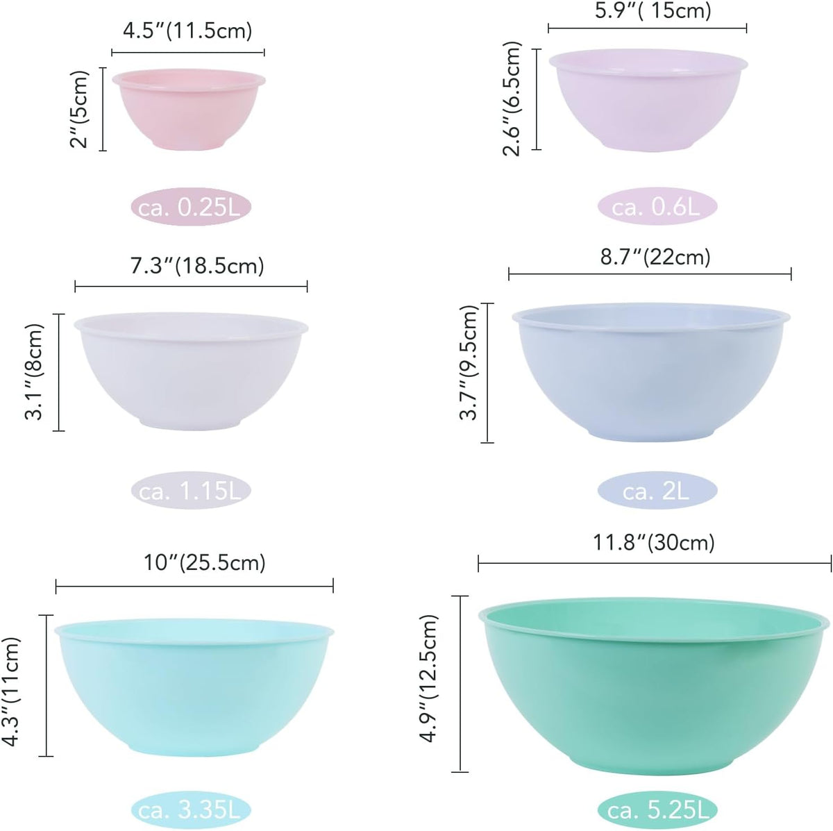 BoxedHome BPA Free Plastic Round Mixing Bowl with Lids, 12 Pack Nesting Bowls with Lids Set, Microwave and Dishwasher Safe Prep & Serving Bowls Great for Mixing, Baking, Serving (White, 12pcs)