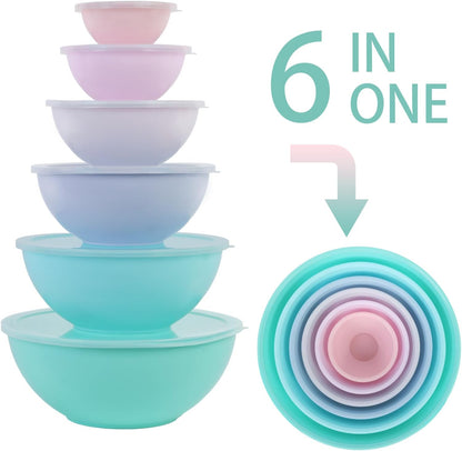 BoxedHome BPA Free Plastic Round Mixing Bowl with Lids, 12 Pack Nesting Bowls with Lids Set, Microwave and Dishwasher Safe Prep & Serving Bowls Great for Mixing, Baking, Serving (White, 12pcs)