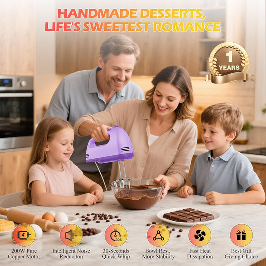 WADODO 7-Speed Electric Hand Mixer – Portable Food Mixer Kitchen Mixer with 304 *(1x Whisk, 2x Beater, 2x Dough hook) for Baking Cakes, Cream, Cookies, PURPLE