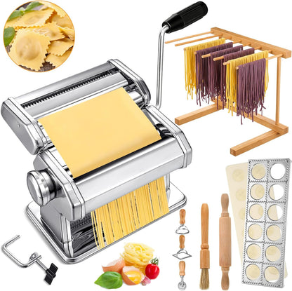 8 Pcs Pasta Maker Machine Set Including Stainless Steel Noodle Maker Machine Wood Pasta Drying Rack Ravioli Stamp Maker Cutter with Pasta Cutter Wheel Mini Rolling Pin Cleaning Brush