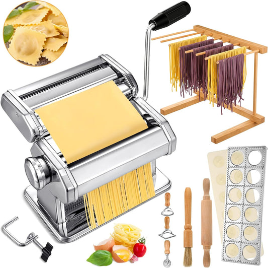 8 Pcs Pasta Maker Machine Set Including Stainless Steel Noodle Maker Machine Wood Pasta Drying Rack Ravioli Stamp Maker Cutter with Pasta Cutter Wheel Mini Rolling Pin Cleaning Brush