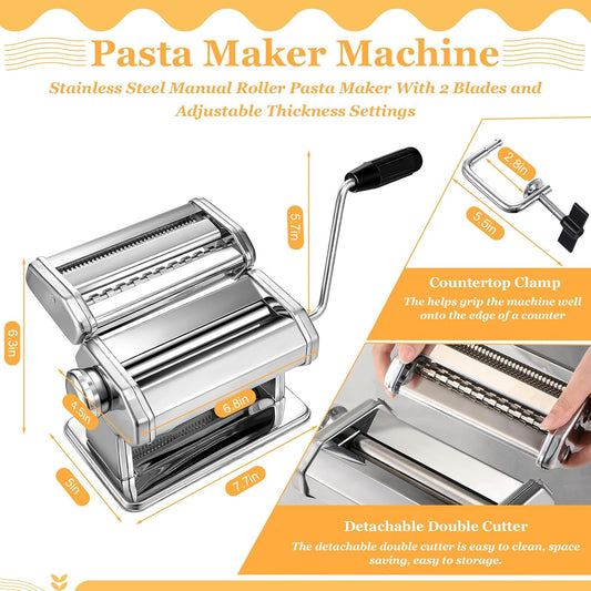 8 Pcs Pasta Maker Machine Set Including Stainless Steel Noodle Maker Machine Wood Pasta Drying Rack Ravioli Stamp Maker Cutter with Pasta Cutter Wheel Mini Rolling Pin Cleaning Brush