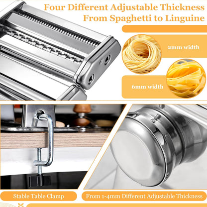 8 Pcs Pasta Maker Machine Set Including Stainless Steel Noodle Maker Machine Wood Pasta Drying Rack Ravioli Stamp Maker Cutter with Pasta Cutter Wheel Mini Rolling Pin Cleaning Brush