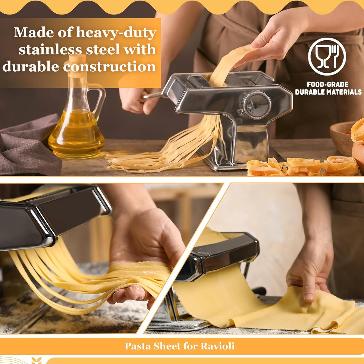 8 Pcs Pasta Maker Machine Set Including Stainless Steel Noodle Maker Machine Wood Pasta Drying Rack Ravioli Stamp Maker Cutter with Pasta Cutter Wheel Mini Rolling Pin Cleaning Brush