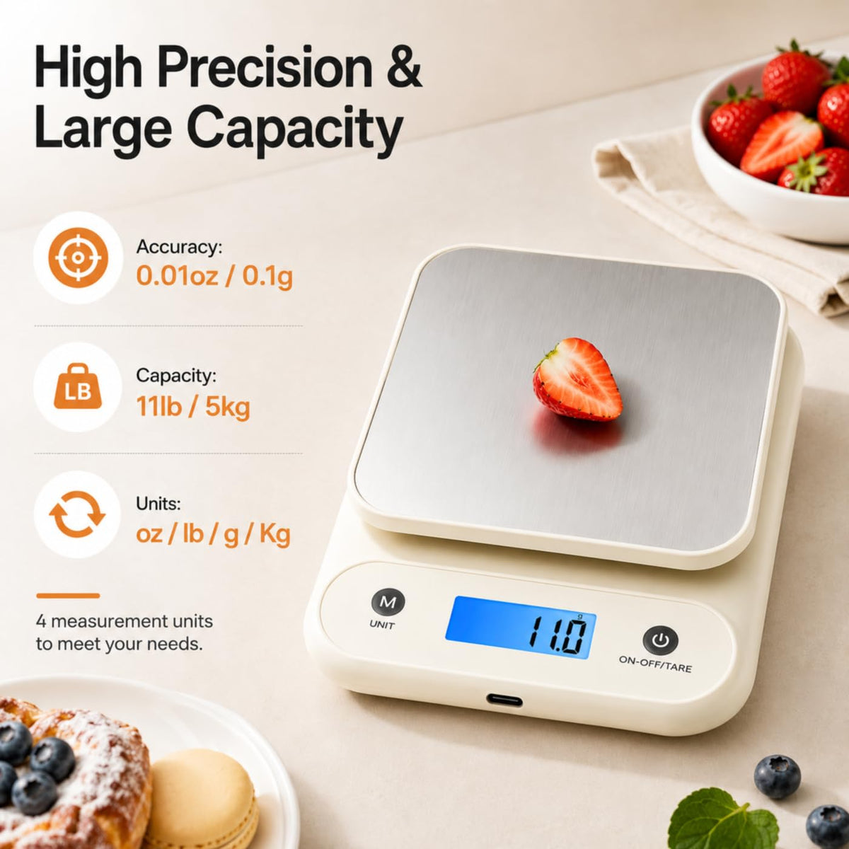 Digital Food Scale for Kitchen 11lb/0.1oz, 5kg/0.1g, Kitchen Scale for Cooking Baking, Built-in 300mAh Li-Battery, Rechargeable Type-C Charging White (1)