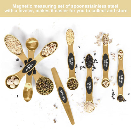 Magnetic Measuring Spoons Set Stainless Steel with Leveler, Stackable Metal Tablespoon Measure Spoon for Baking, Cups and Spoon Set Kitchen Gadgets Apartment Essentials Fits in Spice Jars
