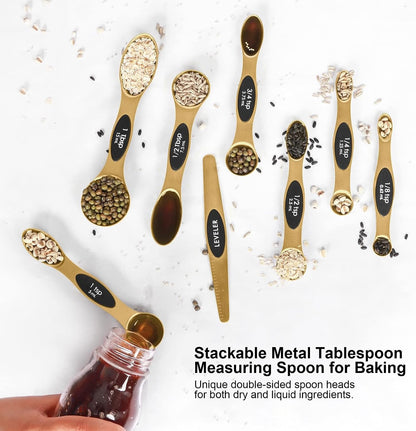 Magnetic Measuring Spoons Set Stainless Steel with Leveler, Stackable Metal Tablespoon Measure Spoon for Baking, Cups and Spoon Set Kitchen Gadgets Apartment Essentials Fits in Spice Jars