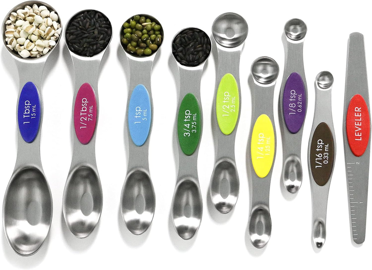 Magnetic Measuring Spoons Set Stainless Steel with Leveler, Stackable Metal Tablespoon Measure Spoon for Baking, Cups and Spoon Set Kitchen Gadgets Apartment Essentials Fits in Spice Jars