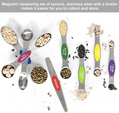 Magnetic Measuring Spoons Set Stainless Steel with Leveler, Stackable Metal Tablespoon Measure Spoon for Baking, Cups and Spoon Set Kitchen Gadgets Apartment Essentials Fits in Spice Jars