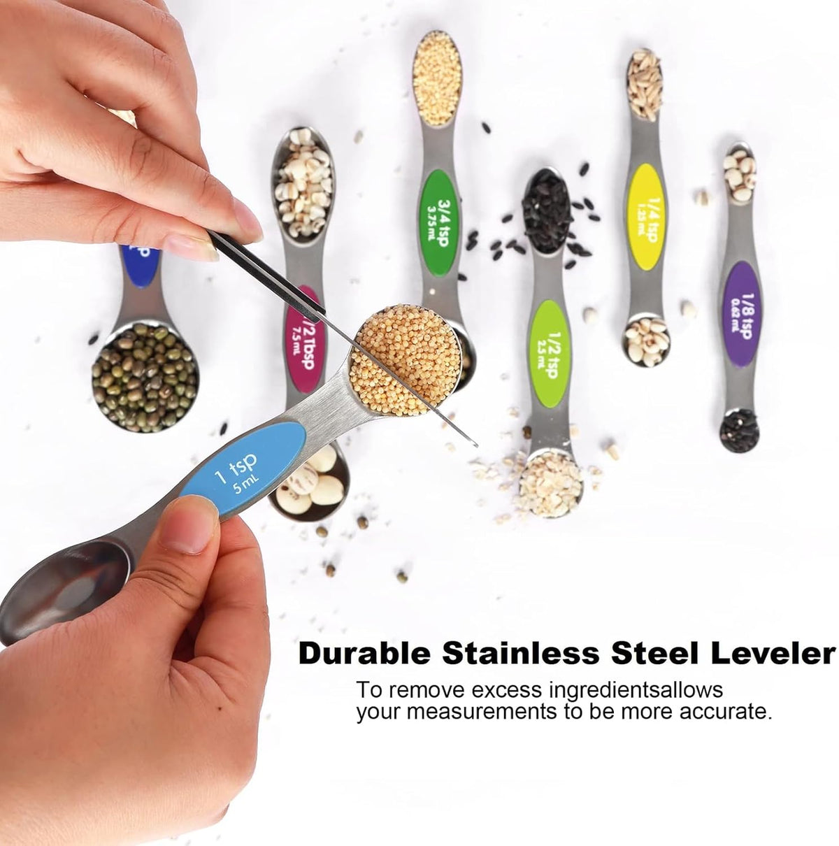 Magnetic Measuring Spoons Set Stainless Steel with Leveler, Stackable Metal Tablespoon Measure Spoon for Baking, Cups and Spoon Set Kitchen Gadgets Apartment Essentials Fits in Spice Jars