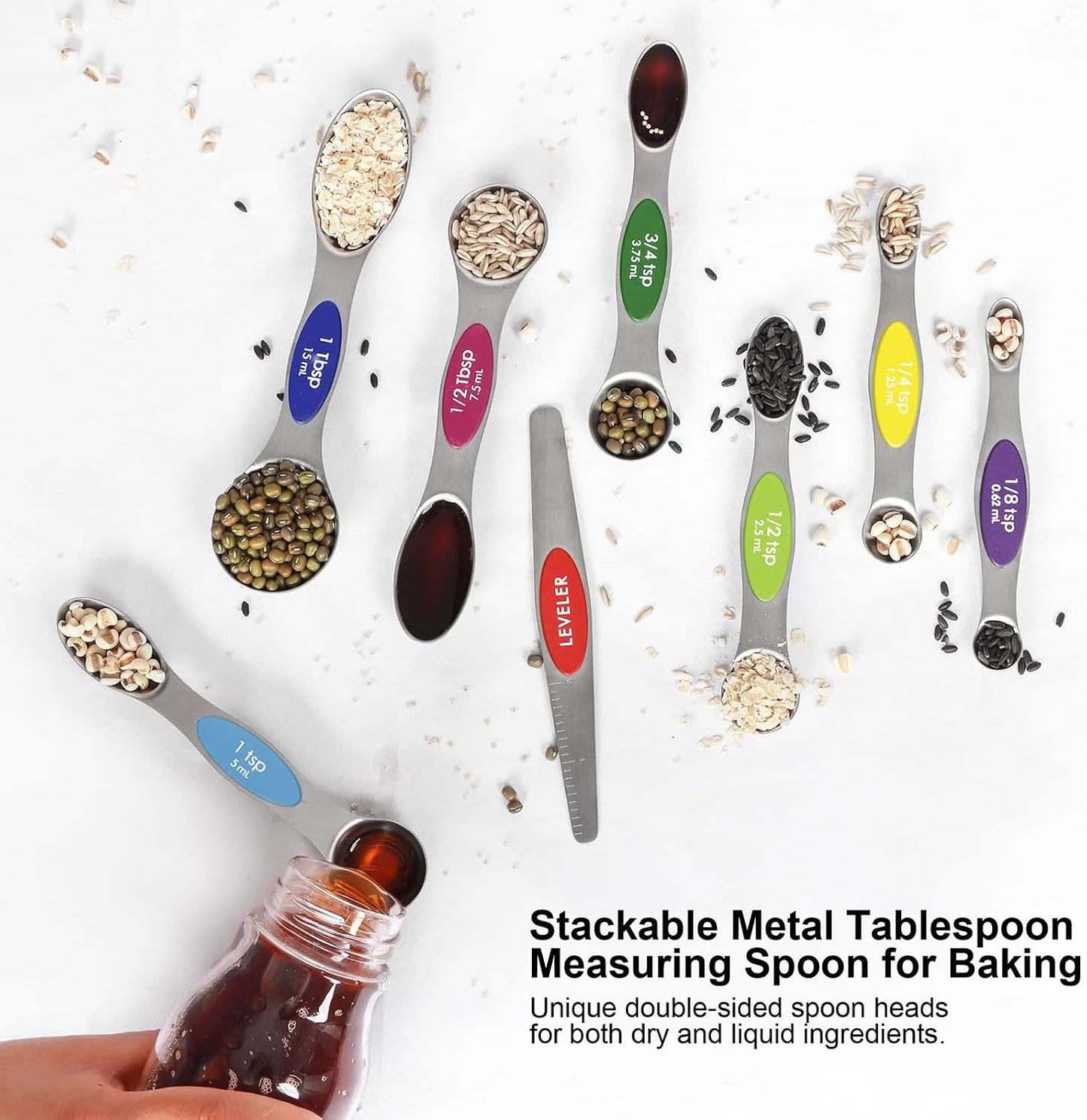 Magnetic Measuring Spoons Set Stainless Steel with Leveler, Stackable Metal Tablespoon Measure Spoon for Baking, Cups and Spoon Set Kitchen Gadgets Apartment Essentials Fits in Spice Jars