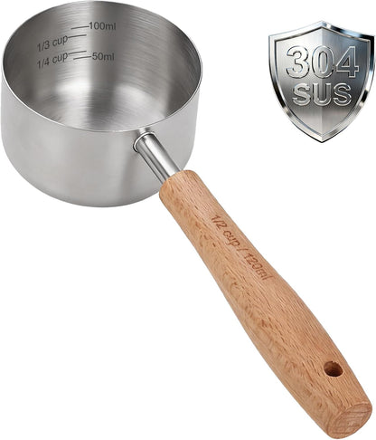 1PCS 1/2Cup(120ml) Dog Cat Food Scoop, Measuring Cup for Pets & Kitchen | 18/8(304) Stainless Steel, Long Wood Handle, Precise for Portion Control, Etched Scale, BPA Free, Dishwasher Safe