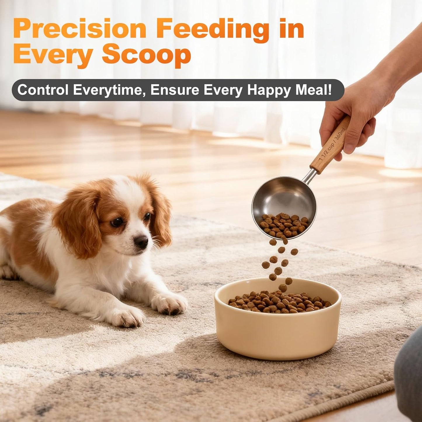 1PCS 1/2Cup(120ml) Dog Cat Food Scoop, Measuring Cup for Pets & Kitchen | 18/8(304) Stainless Steel, Long Wood Handle, Precise for Portion Control, Etched Scale, BPA Free, Dishwasher Safe