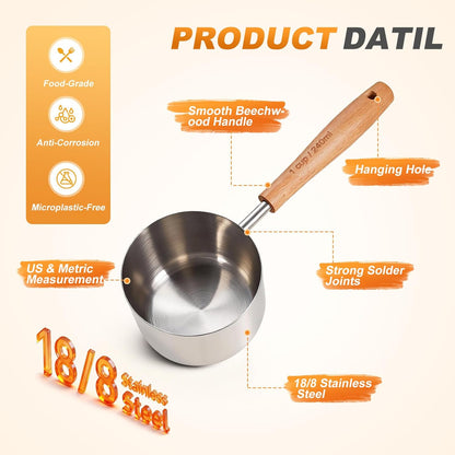 1PCS 1/2Cup(120ml) Dog Cat Food Scoop, Measuring Cup for Pets & Kitchen | 18/8(304) Stainless Steel, Long Wood Handle, Precise for Portion Control, Etched Scale, BPA Free, Dishwasher Safe