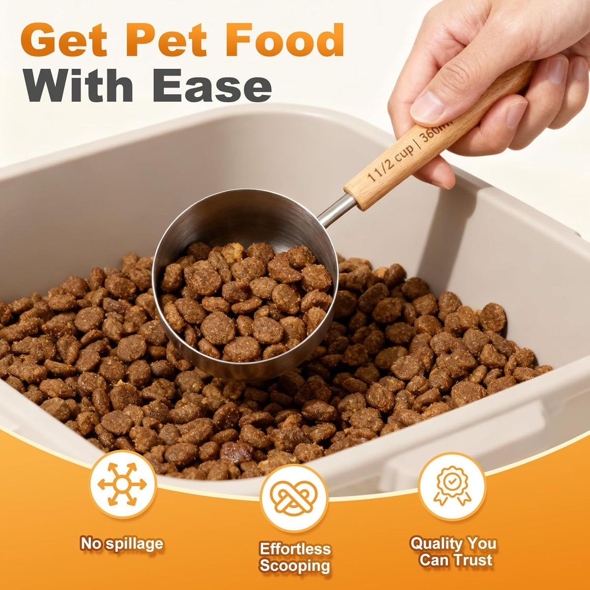 1PCS 1/2Cup(120ml) Dog Cat Food Scoop, Measuring Cup for Pets & Kitchen | 18/8(304) Stainless Steel, Long Wood Handle, Precise for Portion Control, Etched Scale, BPA Free, Dishwasher Safe
