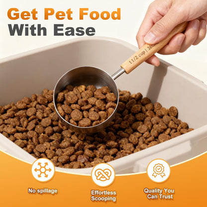 1PCS 1/2Cup(120ml) Dog Cat Food Scoop, Measuring Cup for Pets & Kitchen | 18/8(304) Stainless Steel, Long Wood Handle, Precise for Portion Control, Etched Scale, BPA Free, Dishwasher Safe