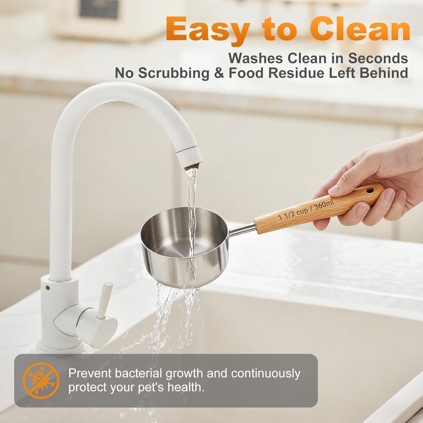 1PCS 1/2Cup(120ml) Dog Cat Food Scoop, Measuring Cup for Pets & Kitchen | 18/8(304) Stainless Steel, Long Wood Handle, Precise for Portion Control, Etched Scale, BPA Free, Dishwasher Safe