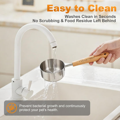 1PCS 1/2Cup(120ml) Dog Cat Food Scoop, Measuring Cup for Pets & Kitchen | 18/8(304) Stainless Steel, Long Wood Handle, Precise for Portion Control, Etched Scale, BPA Free, Dishwasher Safe