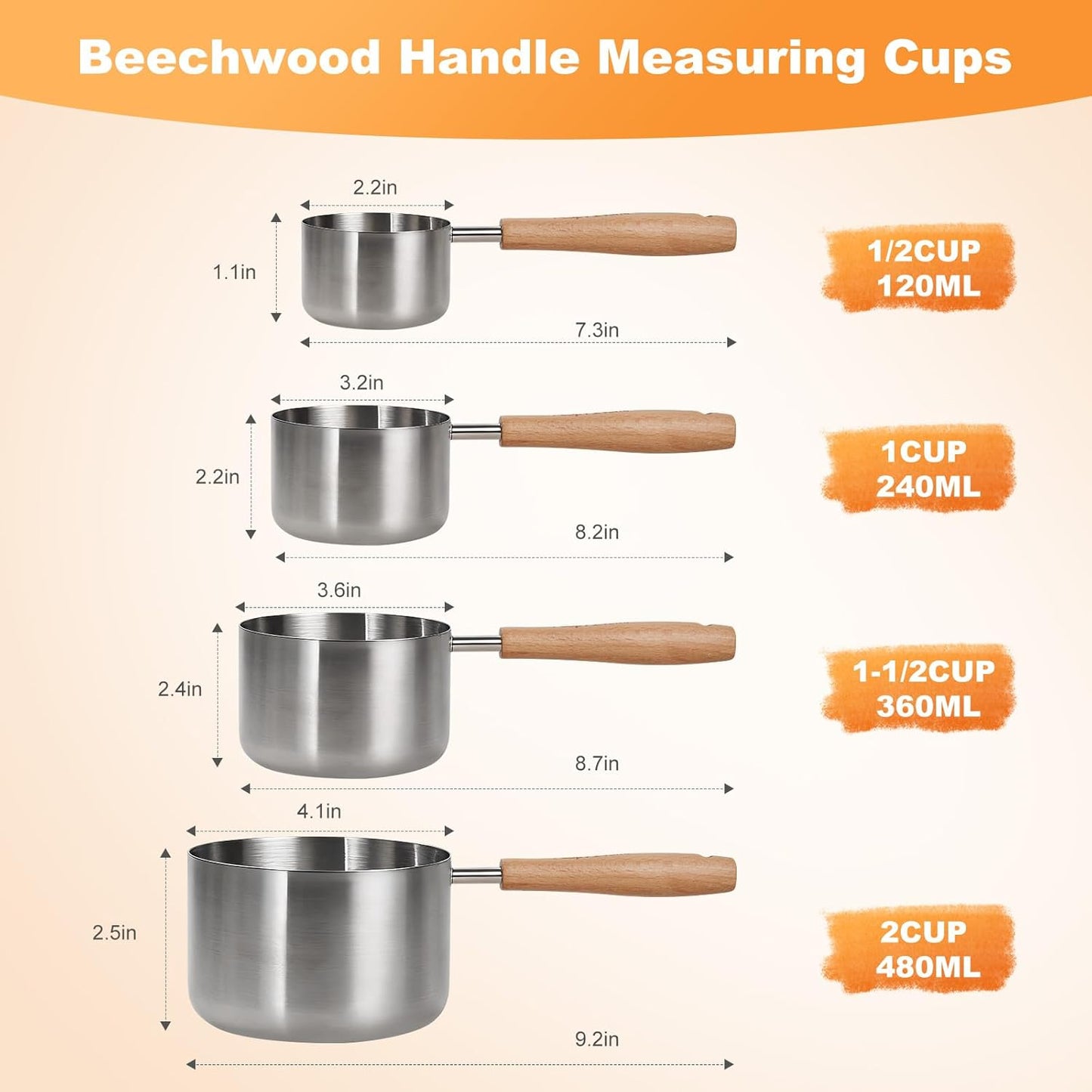 1PCS 1/2Cup(120ml) Dog Cat Food Scoop, Measuring Cup for Pets & Kitchen | 18/8(304) Stainless Steel, Long Wood Handle, Precise for Portion Control, Etched Scale, BPA Free, Dishwasher Safe