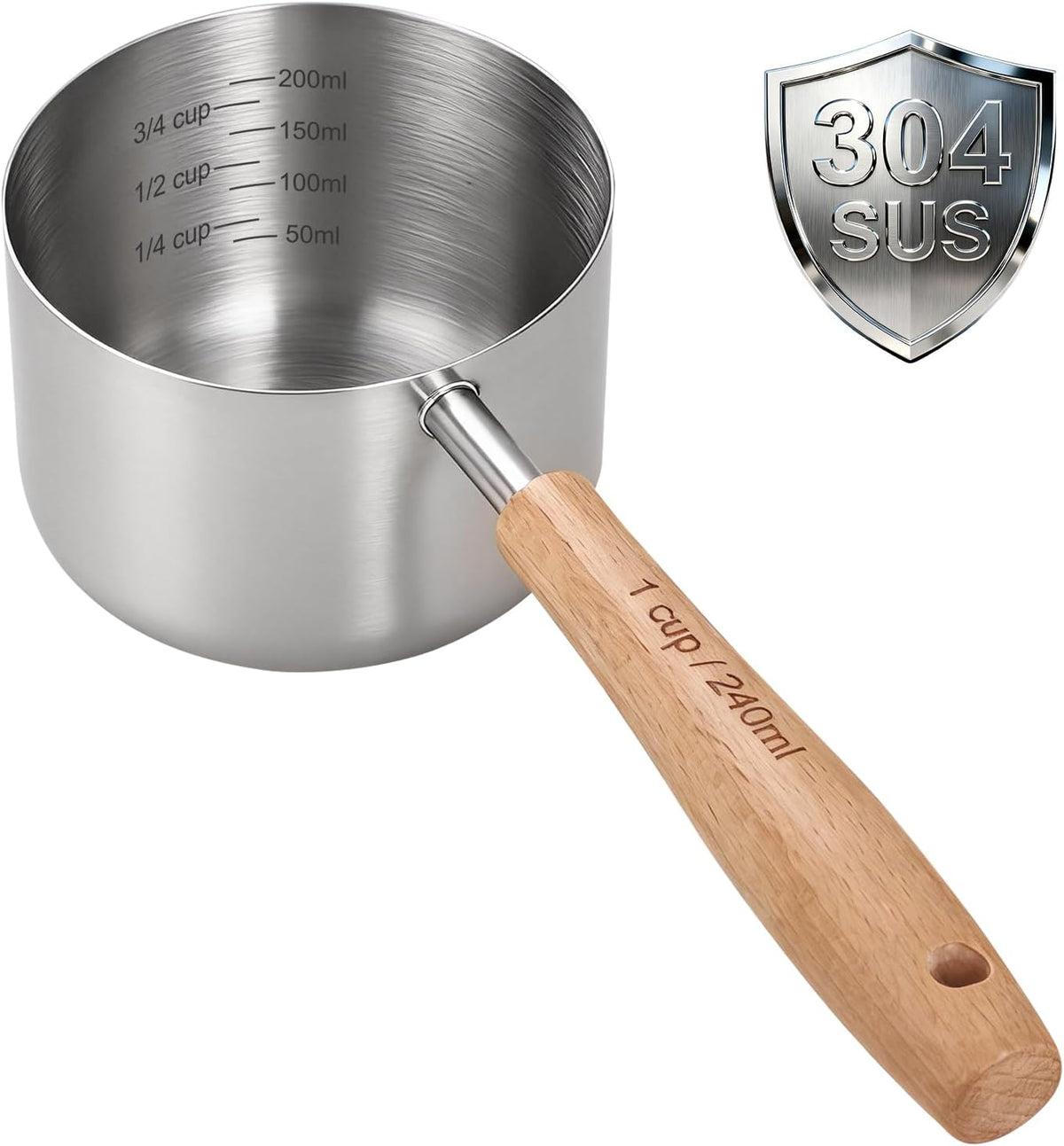 1PCS 1/2Cup(120ml) Dog Cat Food Scoop, Measuring Cup for Pets & Kitchen | 18/8(304) Stainless Steel, Long Wood Handle, Precise for Portion Control, Etched Scale, BPA Free, Dishwasher Safe