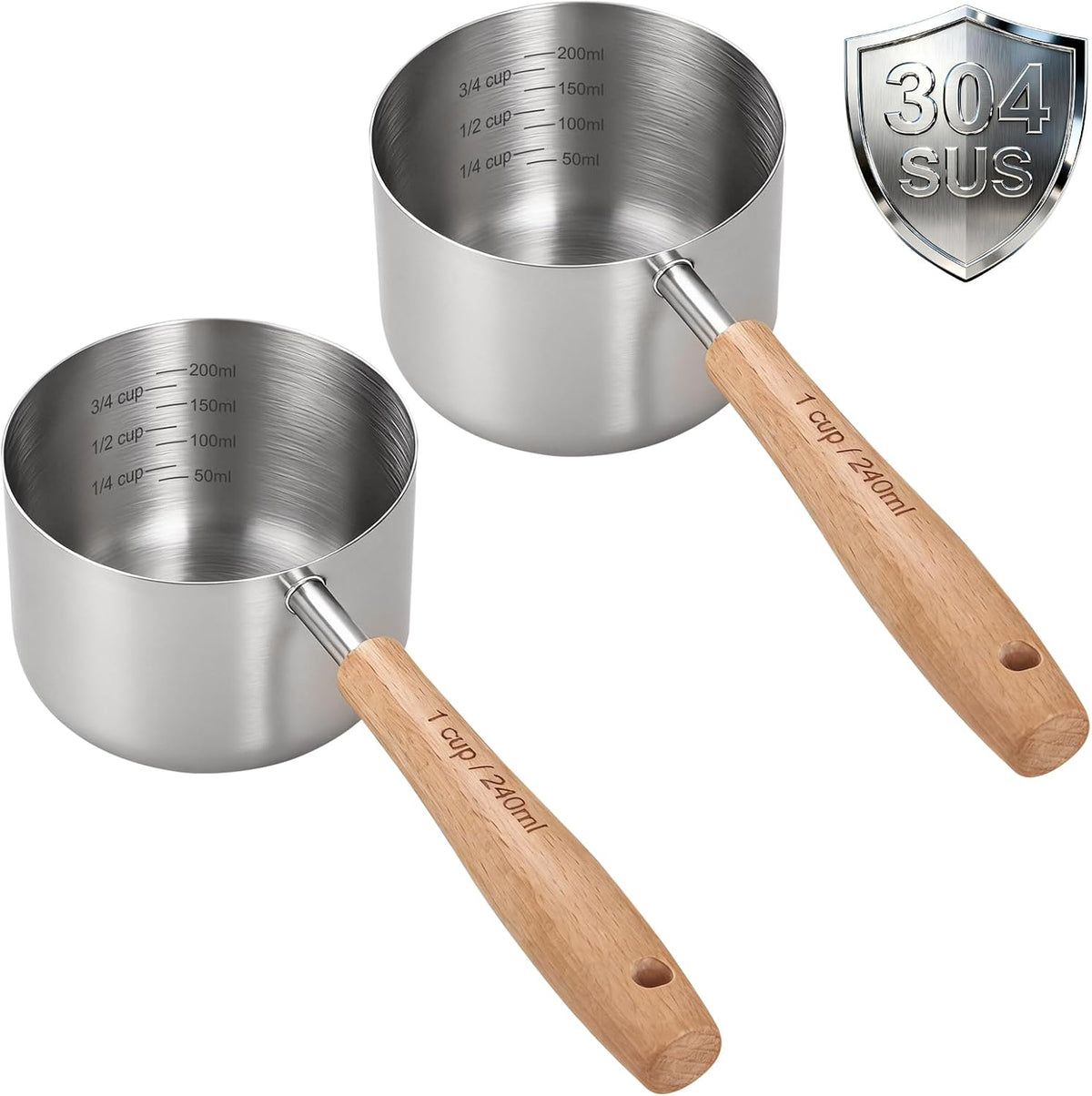 1PCS 1/2Cup(120ml) Dog Cat Food Scoop, Measuring Cup for Pets & Kitchen | 18/8(304) Stainless Steel, Long Wood Handle, Precise for Portion Control, Etched Scale, BPA Free, Dishwasher Safe