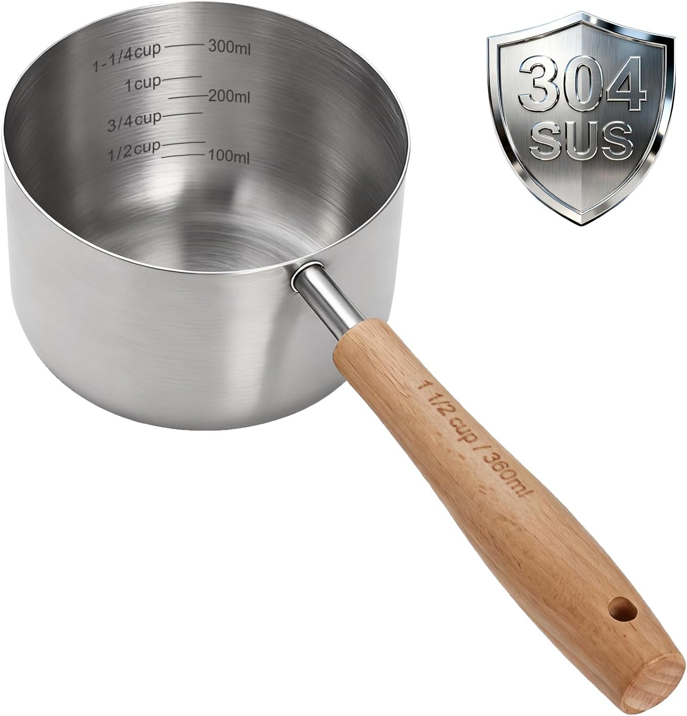 1PCS 1/2Cup(120ml) Dog Cat Food Scoop, Measuring Cup for Pets & Kitchen | 18/8(304) Stainless Steel, Long Wood Handle, Precise for Portion Control, Etched Scale, BPA Free, Dishwasher Safe