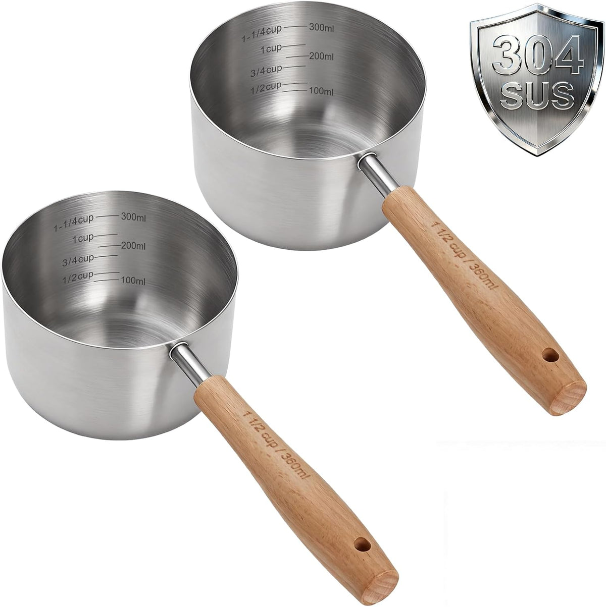 1PCS 1/2Cup(120ml) Dog Cat Food Scoop, Measuring Cup for Pets & Kitchen | 18/8(304) Stainless Steel, Long Wood Handle, Precise for Portion Control, Etched Scale, BPA Free, Dishwasher Safe