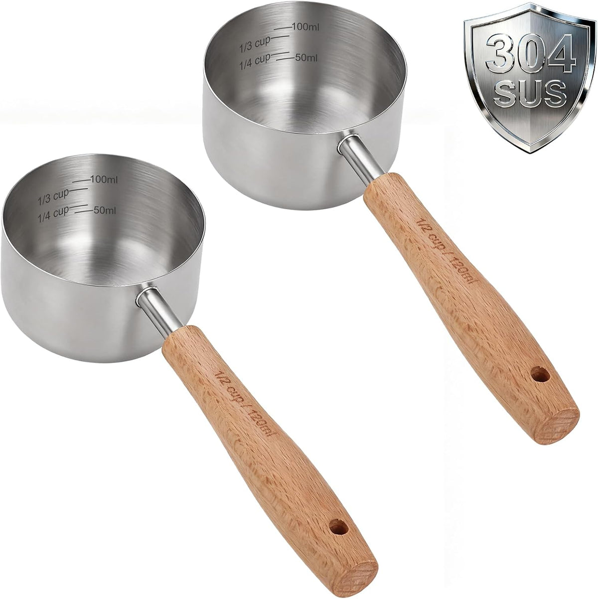 1PCS 1/2Cup(120ml) Dog Cat Food Scoop, Measuring Cup for Pets & Kitchen | 18/8(304) Stainless Steel, Long Wood Handle, Precise for Portion Control, Etched Scale, BPA Free, Dishwasher Safe