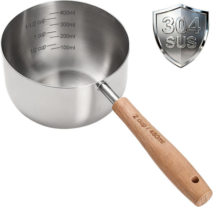 1PCS 1/2Cup(120ml) Dog Cat Food Scoop, Measuring Cup for Pets & Kitchen | 18/8(304) Stainless Steel, Long Wood Handle, Precise for Portion Control, Etched Scale, BPA Free, Dishwasher Safe