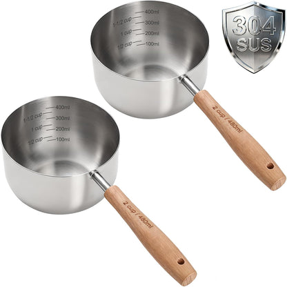 1PCS 1/2Cup(120ml) Dog Cat Food Scoop, Measuring Cup for Pets & Kitchen | 18/8(304) Stainless Steel, Long Wood Handle, Precise for Portion Control, Etched Scale, BPA Free, Dishwasher Safe