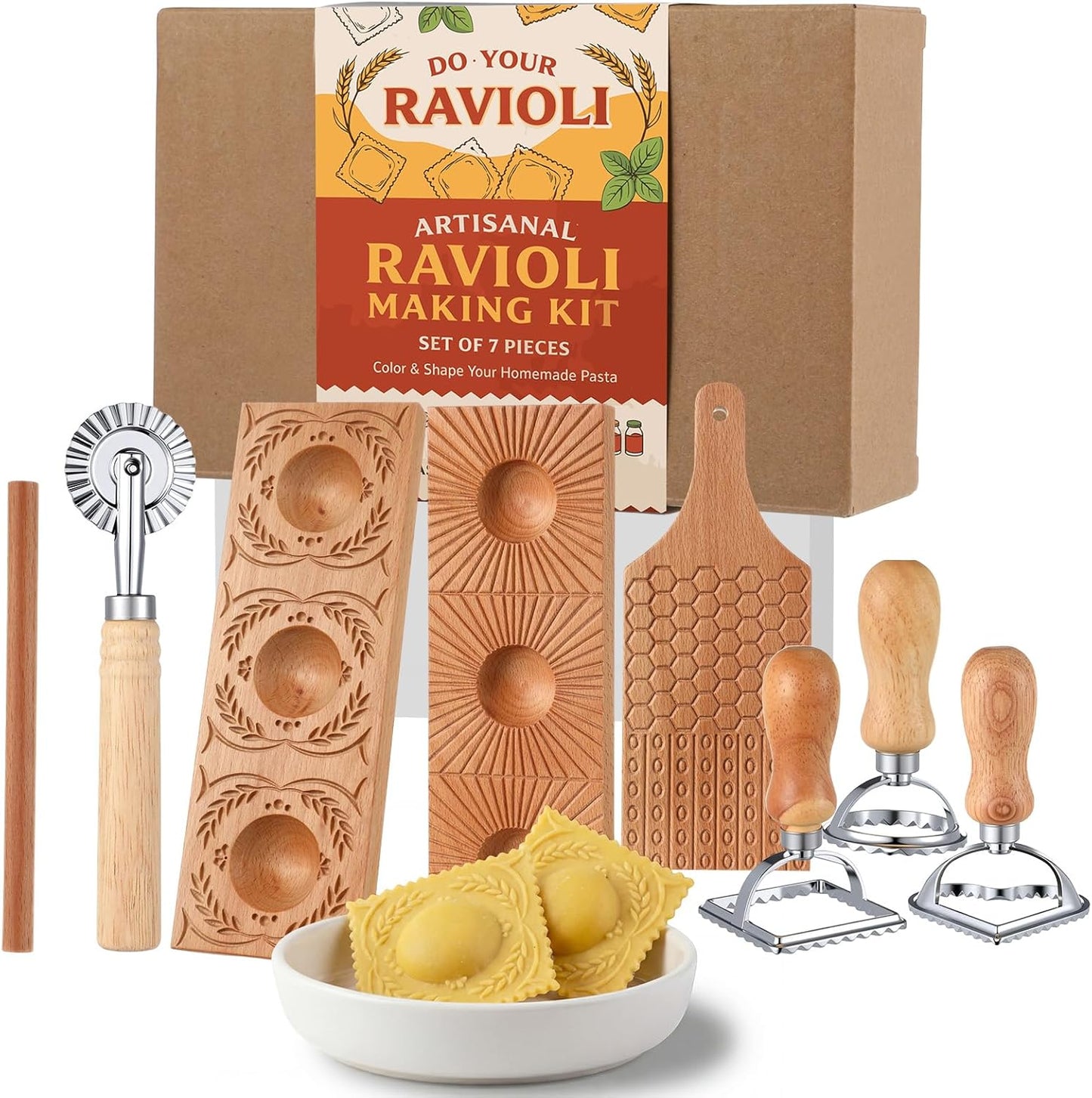 7 Pcs Pasta Making Tools Set Ravioli Maker Press Mold Wooden Gnocchi Board Stainless Steel Ravioli Stamp Pasta Cutter Wheel for Home Cooking Kitchen Gift