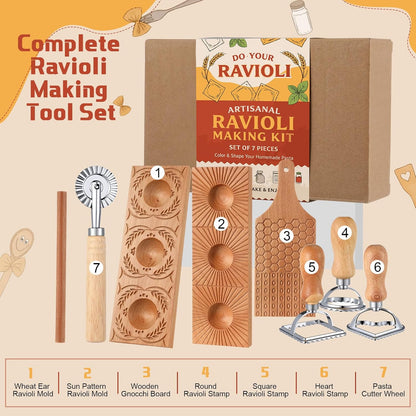 7 Pcs Pasta Making Tools Set Ravioli Maker Press Mold Wooden Gnocchi Board Stainless Steel Ravioli Stamp Pasta Cutter Wheel for Home Cooking Kitchen Gift