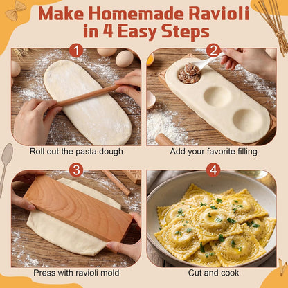 7 Pcs Pasta Making Tools Set Ravioli Maker Press Mold Wooden Gnocchi Board Stainless Steel Ravioli Stamp Pasta Cutter Wheel for Home Cooking Kitchen Gift