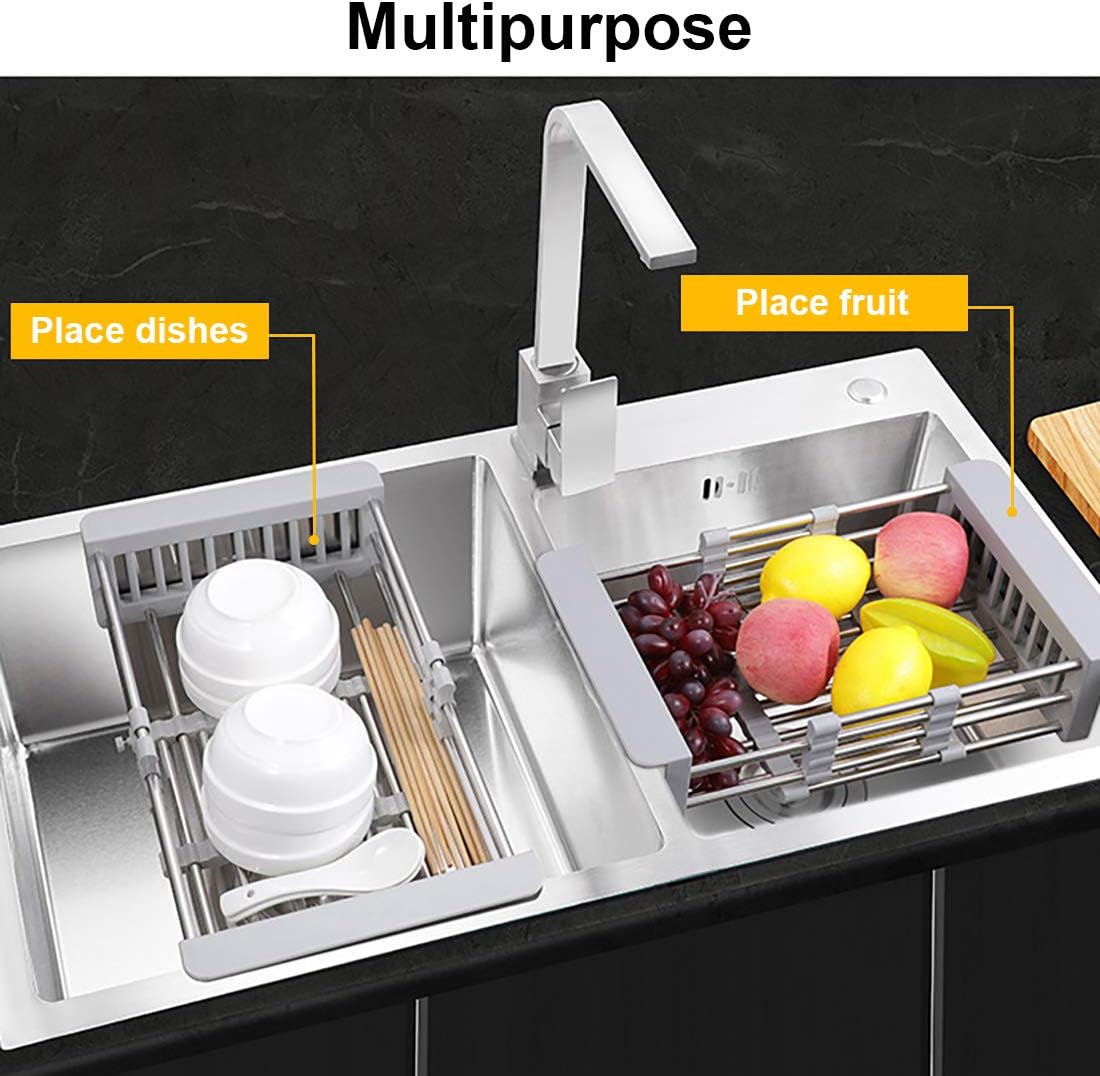 Expandable Dish Drying Rack Over The Sink, Stainless Steel Drainer Basket with Adjustable Arms for Vegetable and Fruit (Grey)