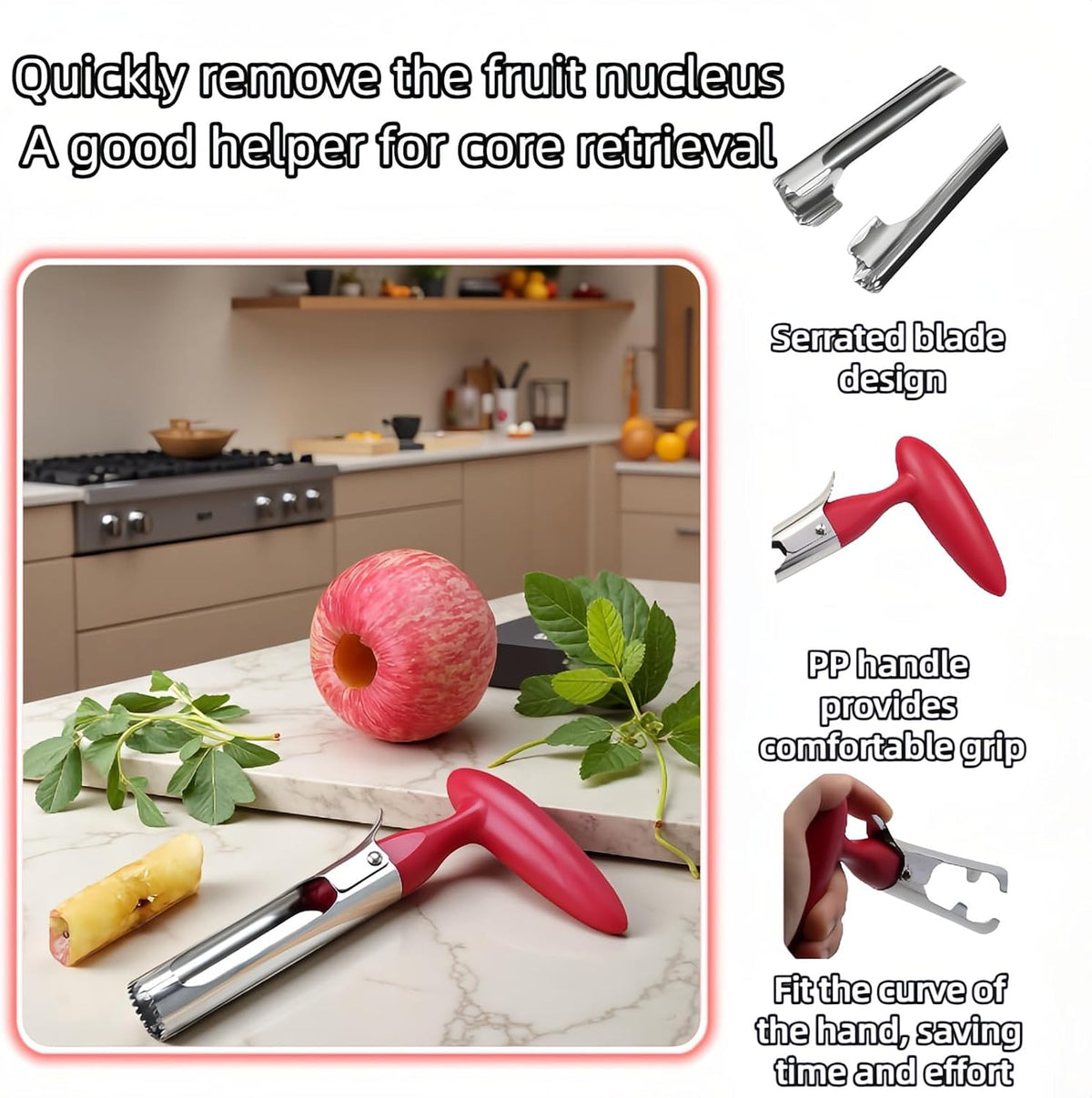 Premium Stainless Steel Apple Corer, Professional Fruit Core Remover Tool with Ergonomic Red Handle, Serrated Blades for Apples, Pears, Peaches, Plums, Easy Use & Clean (Red)