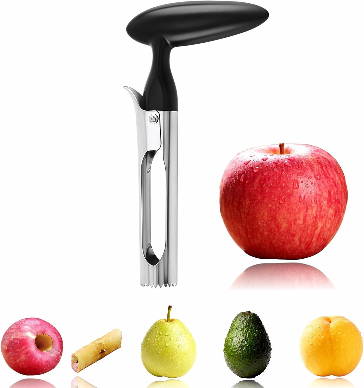 Premium Stainless Steel Apple Corer, Professional Fruit Core Remover Tool with Ergonomic Red Handle, Serrated Blades for Apples, Pears, Peaches, Plums, Easy Use & Clean (Red)