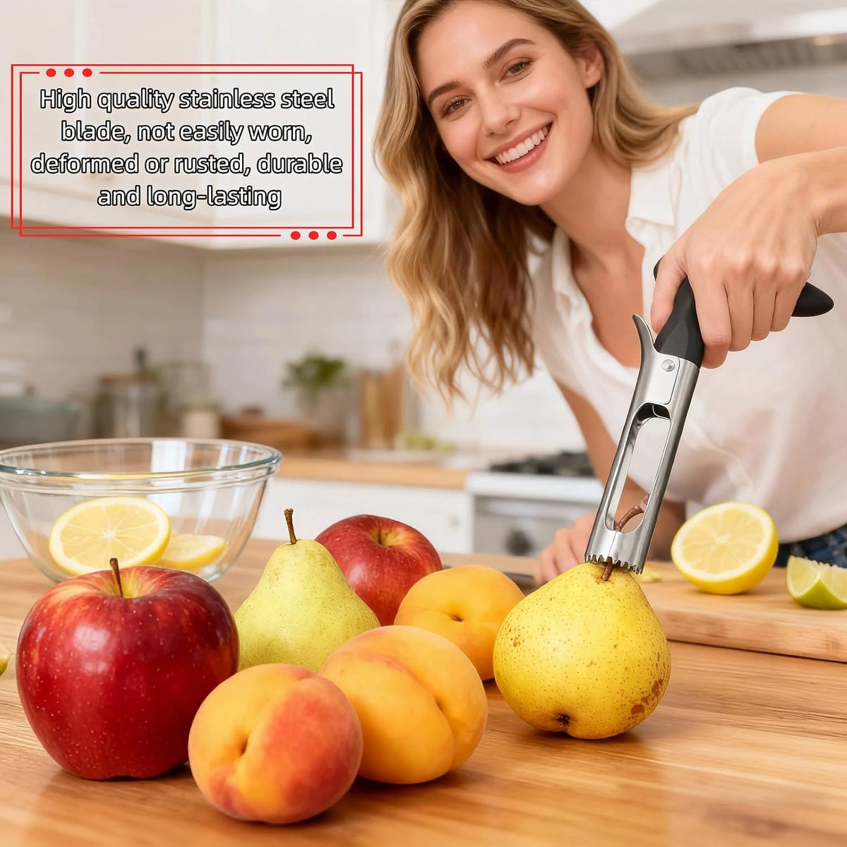 Premium Stainless Steel Apple Corer, Professional Fruit Core Remover Tool with Ergonomic Red Handle, Serrated Blades for Apples, Pears, Peaches, Plums, Easy Use & Clean (Red)