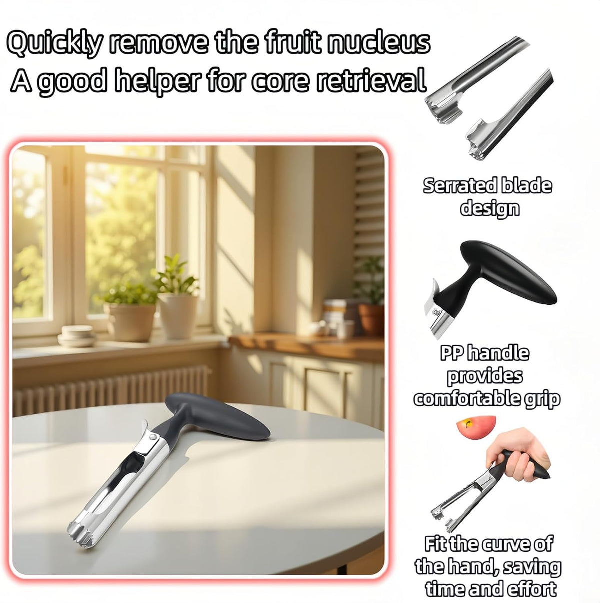 Premium Stainless Steel Apple Corer, Professional Fruit Core Remover Tool with Ergonomic Red Handle, Serrated Blades for Apples, Pears, Peaches, Plums, Easy Use & Clean (Red)