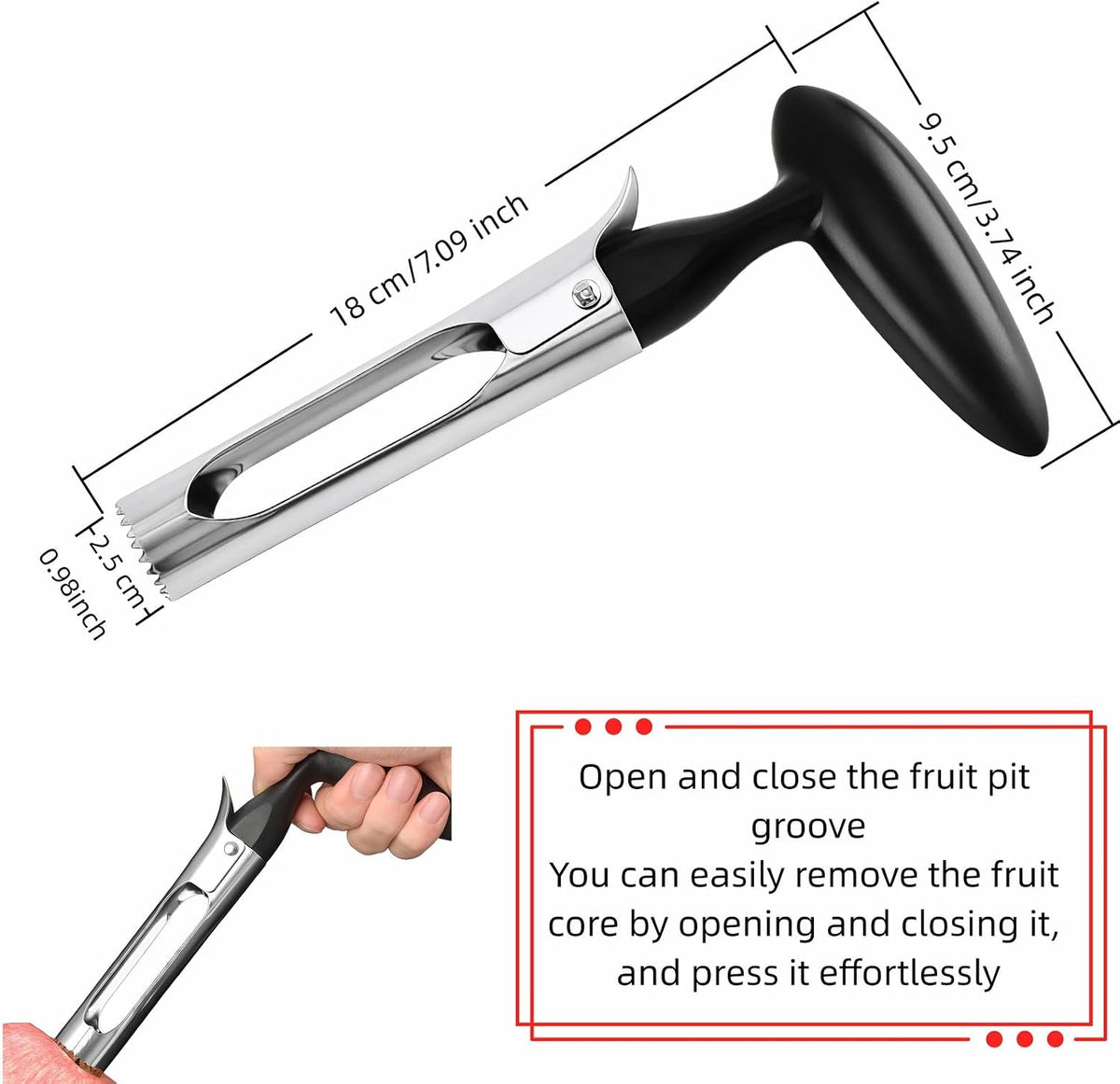 Premium Stainless Steel Apple Corer, Professional Fruit Core Remover Tool with Ergonomic Red Handle, Serrated Blades for Apples, Pears, Peaches, Plums, Easy Use & Clean (Red)
