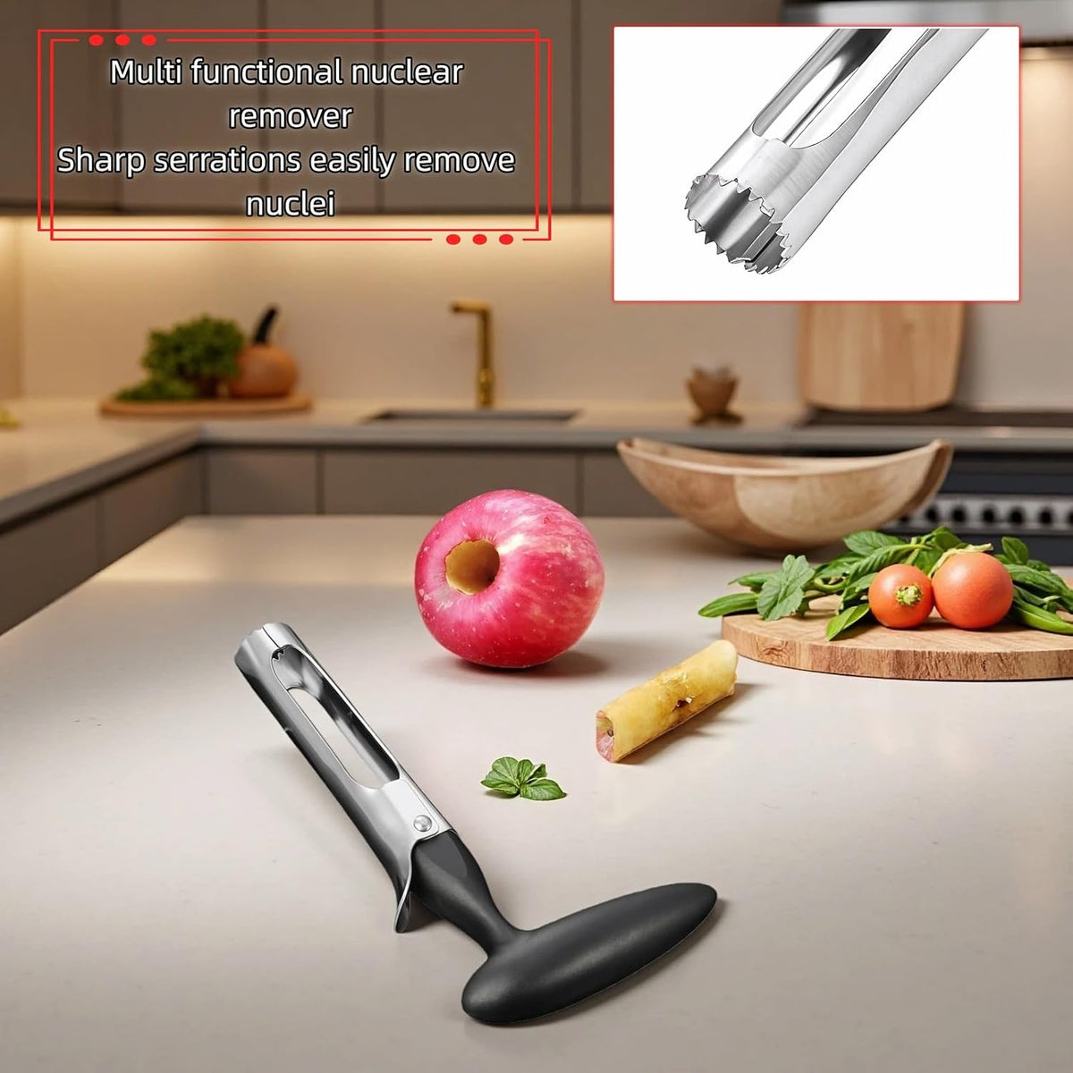 Premium Stainless Steel Apple Corer, Professional Fruit Core Remover Tool with Ergonomic Red Handle, Serrated Blades for Apples, Pears, Peaches, Plums, Easy Use & Clean (Red)