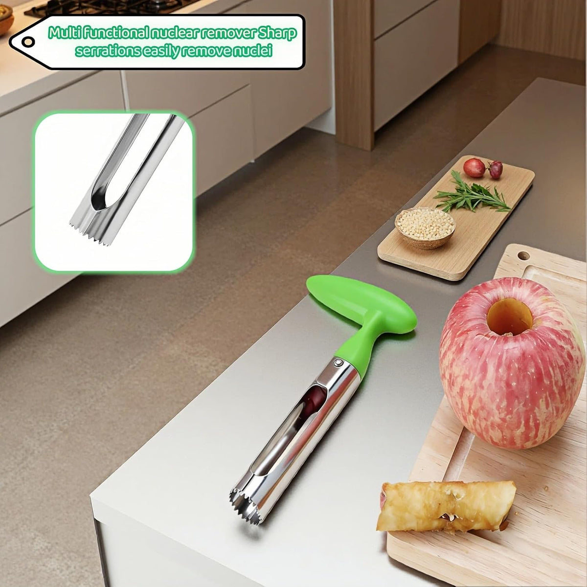 Premium Stainless Steel Apple Corer, Professional Fruit Core Remover Tool with Ergonomic Red Handle, Serrated Blades for Apples, Pears, Peaches, Plums, Easy Use & Clean (Red)