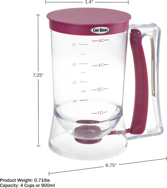 4-Cup Pancake Batter Dispenser, Purple | Batter Dispenser with Measurement Markings and Squeeze Handle for Pancakes, Waffles, Muffins, and Crepes, Baking Tools