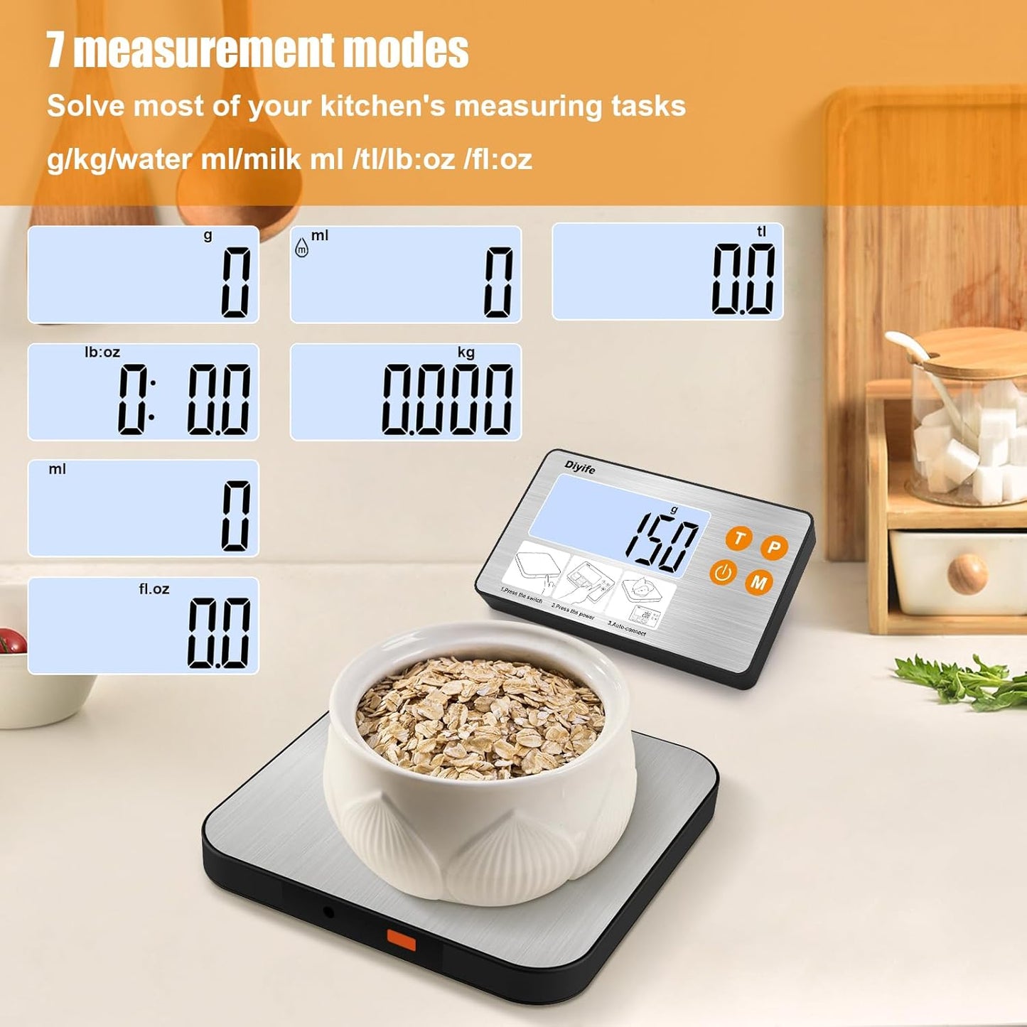 33lb Food Scale with Split Display, 1g/0.1oz Digital Kitchen Scales | Precise Graduation, 304 Stainless Steel Platform, Backlit LCD, for Cooking, Meal Prep