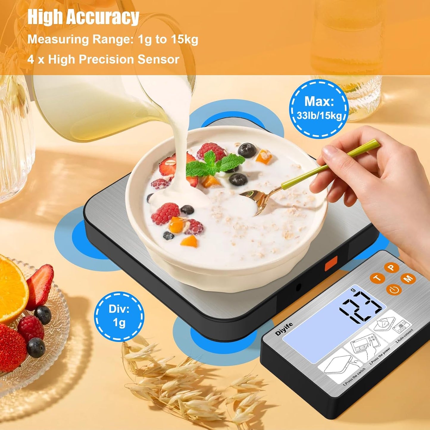33lb Food Scale with Split Display, 1g/0.1oz Digital Kitchen Scales | Precise Graduation, 304 Stainless Steel Platform, Backlit LCD, for Cooking, Meal Prep