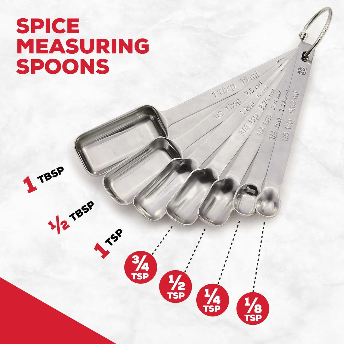 Baking Company Spice Measuring Spoons, 18/8 Stainless Steel, 7-Piece Set, Precision Measures, For Baking And Cooking