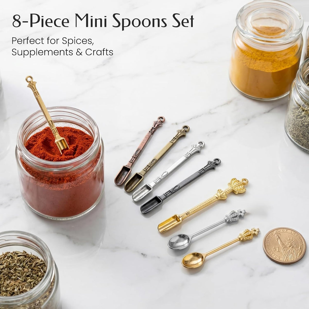 8 Pcs Mini Spoons & Tiny Metal Shovels for Home Kitchen, Small Scoops for Spices, Powders & Coffee, Mini Shovel Charms for DIY Crafts & Keychain Accessories