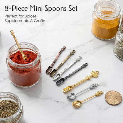 8 Pcs Mini Spoons & Tiny Metal Shovels for Home Kitchen, Small Scoops for Spices, Powders & Coffee, Mini Shovel Charms for DIY Crafts & Keychain Accessories