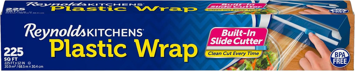 Reynolds Kitchens Clear Plastic Wrap, Built-In Slide Cutter, 225sq ft